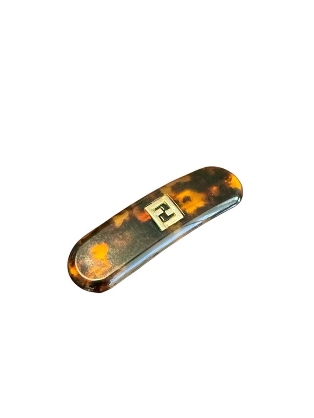 Vintage Fendi Tortoiseshell Resin Barrette Hair Clip Brown & Gold